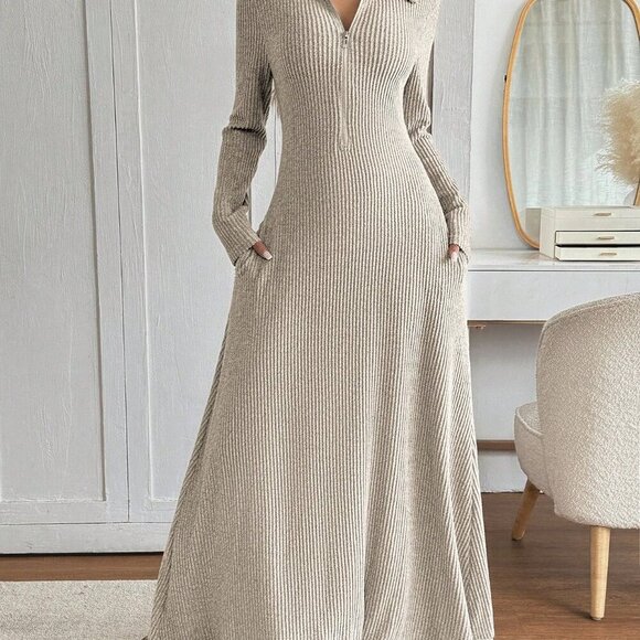 Dusty Pink Casual Women's Thermal Loose Maxi Zip Dress - Picture 3 of 6